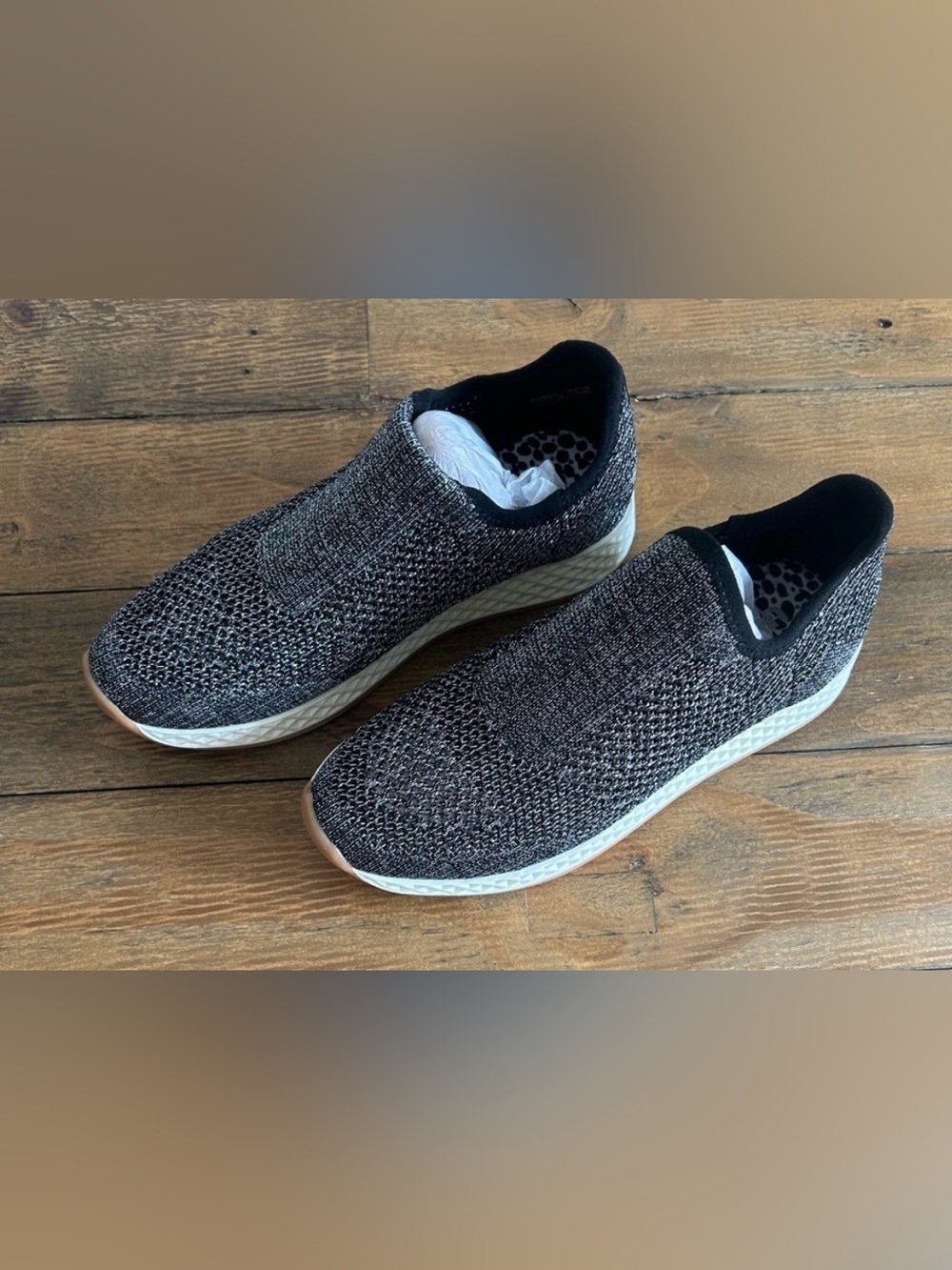 JSLIDES Black and silver knit slip-on sneakers midsoles gum outsole